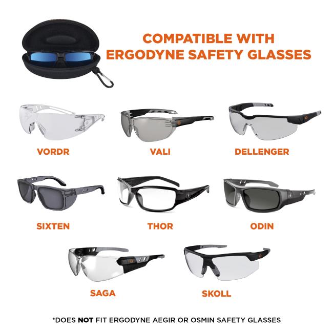 The safety glasses hard case is compatible with all skullerz safety glasses except for AEGIR and OSMIN models. This includes Vordr, Vali, Dellenger, Sixten, Skoll, Saga, Thor and Odin models .
