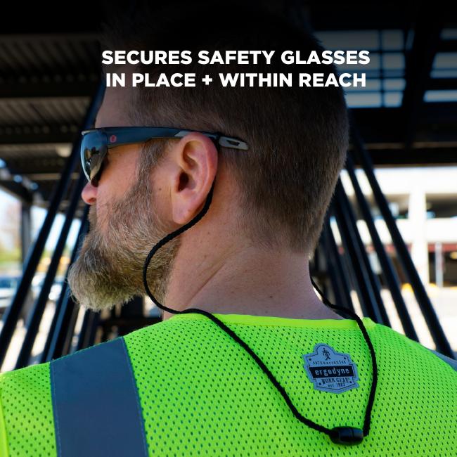 Secures safety glasses in place and within reach