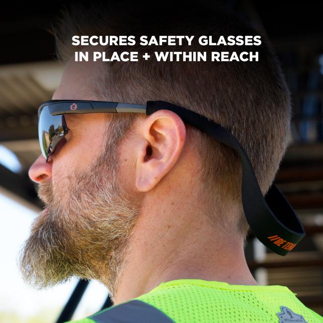 Secures safety glasses in place and within reach