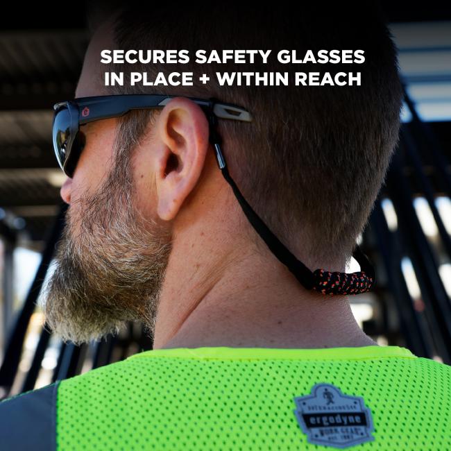 Secures safety glasses in place and within reach