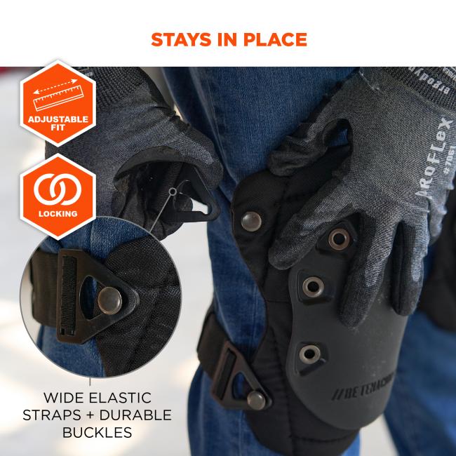 Stays in place with adjustable fit and locking system. Wide elastic straps and durable buckles keep the knee pads secure during movement.