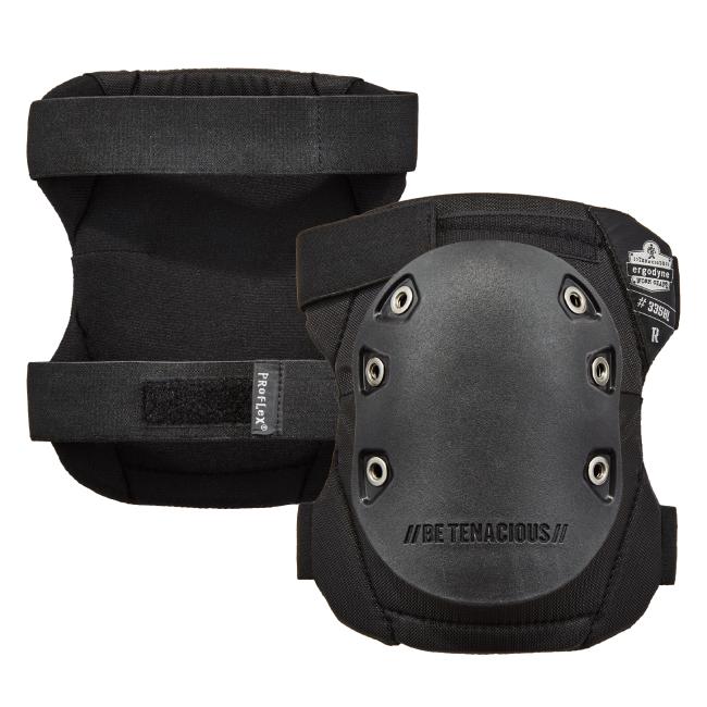 Pair of black knee pads featuring a hard rubber cap, wide elastic straps, adjustable buckles, and branding that reads “BE TENACIOUS” and “ProFlex by Ergodyne.”