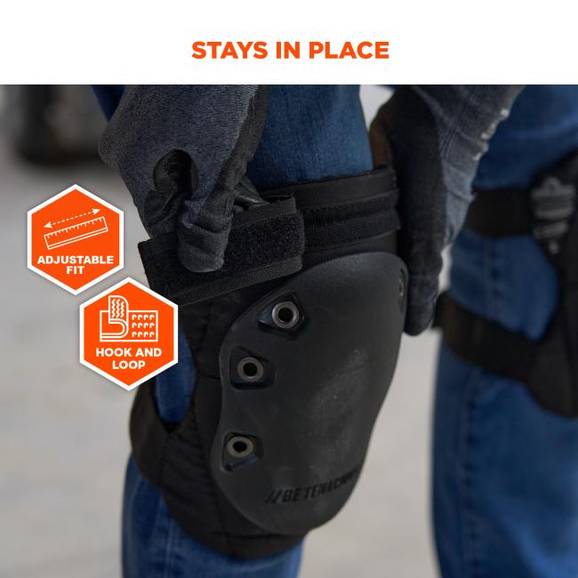 Stays in place with adjustable fit and locking system. Wide elastic straps and durable hook and loop closures keep the knee pads secure during movement.