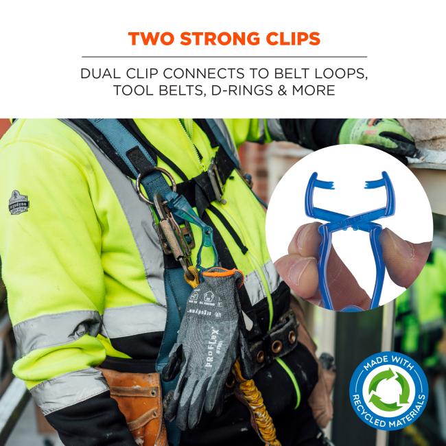 Two strong clips: dual clip connects to belt loops, tool belts, d-rings, and more. Made with recycled materials