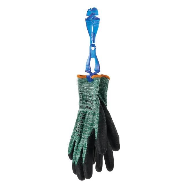 Blue recycled glove clip holders holding a pair of gloves