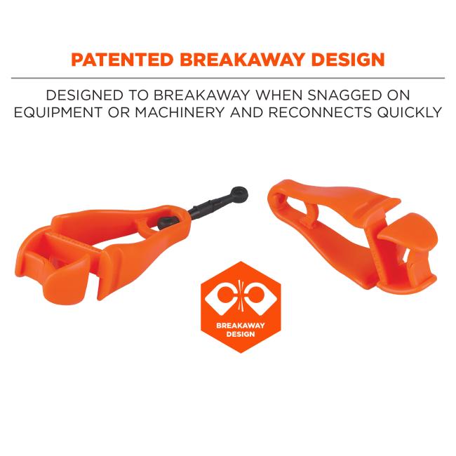 Two orange plastic breakaway clips with a short black pin between them on white background, header text PATENTED BREAKAWAY DESIGN above