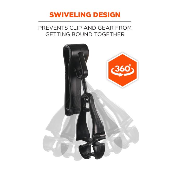 Swiveling design: prevents clip and gear from getting bound together. 360 degree swivel ability.