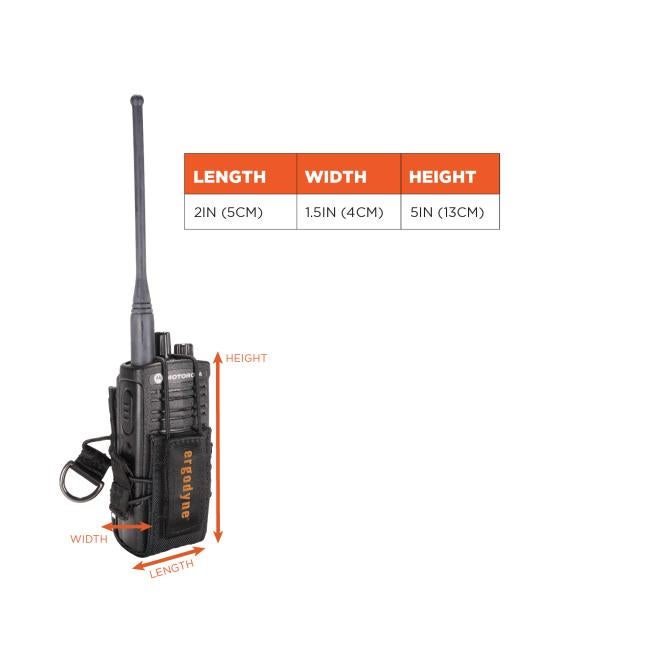 Radio trap holster has a length of 2 inches or 5cm, a width of 1.5 inches or 4cm, and a height of 5 inches or 13cm.