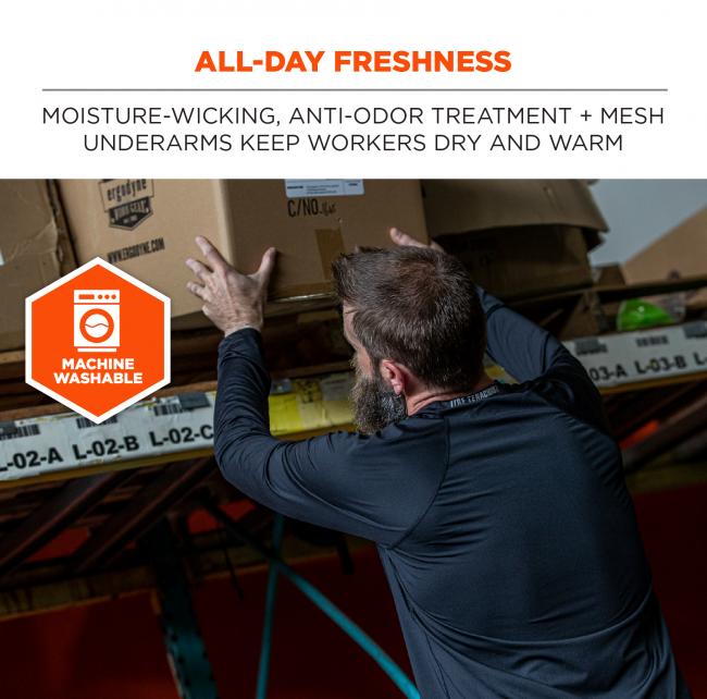 All-day freshness: moisture-wicking, anti-odor treatment + mesh underarms keeps workers dry and warm. Image shows worker in base layer. Machine washable.