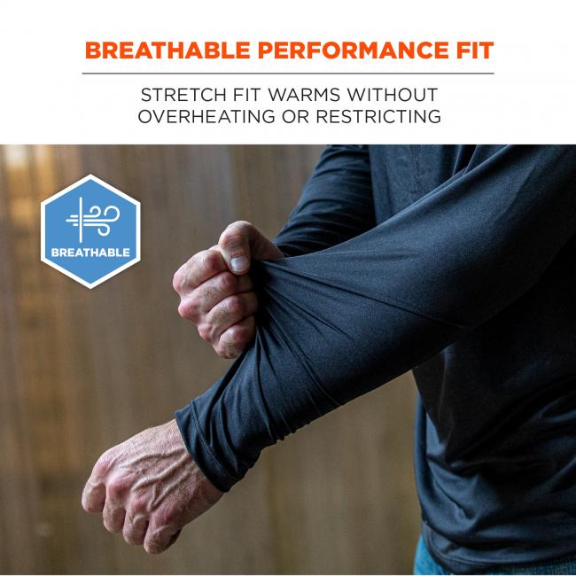 Breathable performance knit: stretch fit, warms without overheating or restricting. Breathable. Image shows person pulling on fabric. 