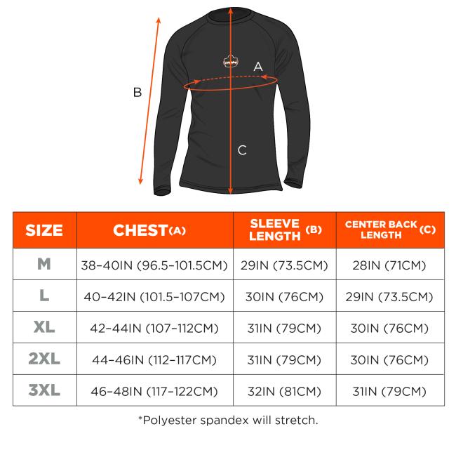 Sizing chart: size M, chest 38-40 inches (100-102 centimeters), sleeve length 30 inches (77 centimeters), center back length 28 inches(71 centimeters), size L, Chest 40-42 Inches (102-106 centimeters), sleeve length 31 inches(79 centimeters), center back length 29 inches (73 centimeters), size XL, chest 42-43 inches, sleeve length 32inches(81 centimeters) center back length 30 inches(75 centimeters), size 2XL, chest 43-45inches (110-114 centimeters), sleeve length 32 inches, center back length 30 inches (77