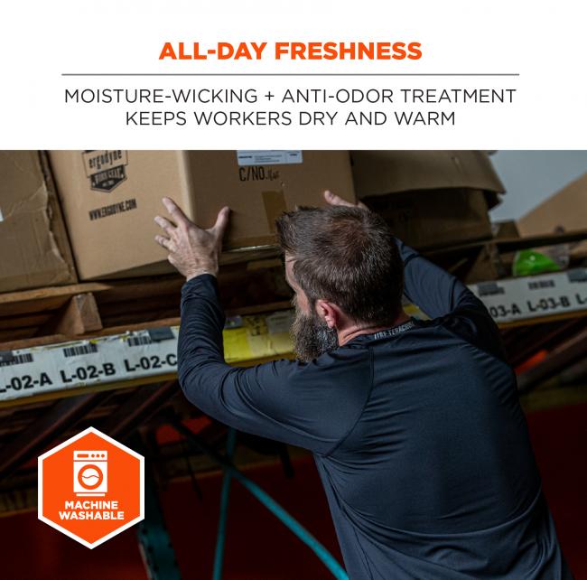 All Day Freshness. Moisture wicking and anti-odor treatment keeps workers dry and warm. Machine Washable.