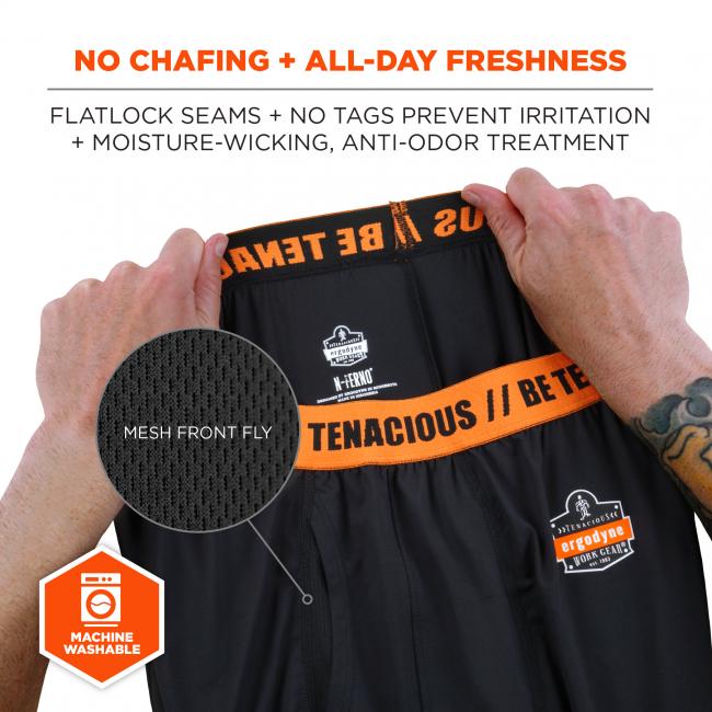 No chafing + all-day freshness: flat lock seams + no tags prevent irritation + moisture-wicking, anti-odor treatment. Machine washable. Mesh front fly. 