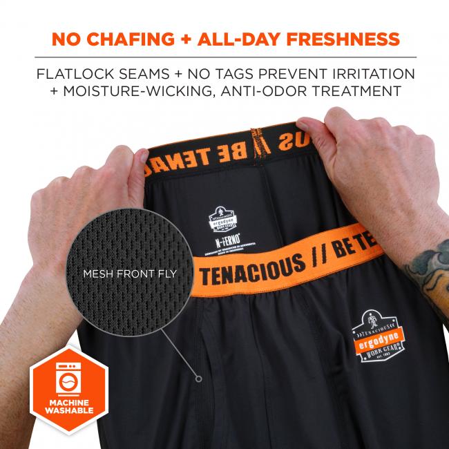 No chafing and all day freshness. flatlock seams and no tags prevent irritation and moisture wicking, anti-odor treatment. Mesh front fly, machine washable.