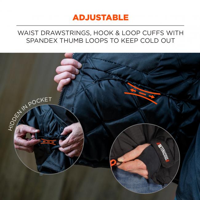 Adjustable. Waist drawstrings, hook & loop cuffs with spandex thumb loops to keep cold out. Hidden in pocket