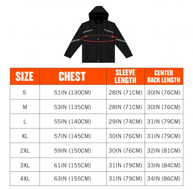 Sizing chart: Size S Chest 51Inches 130Centimeters Sleeve length 28inches 71centimeters center back length 30inches 76centimeters  Size M Chest 53Inches 135Centimeters Sleeve length 28inches 71centimeters center back length 30inches 76centimeters  Size L Chest 55Inches 140Centimeters Sleeve length 29inches 74centimeters center back length 31inches 79centimeters  Size XL Chest 57Inches 145Centimeters Sleeve length 30inches 76centimeters center back length 31inches 79centimeters  Size 2XL Chest 59Inches 150Ce