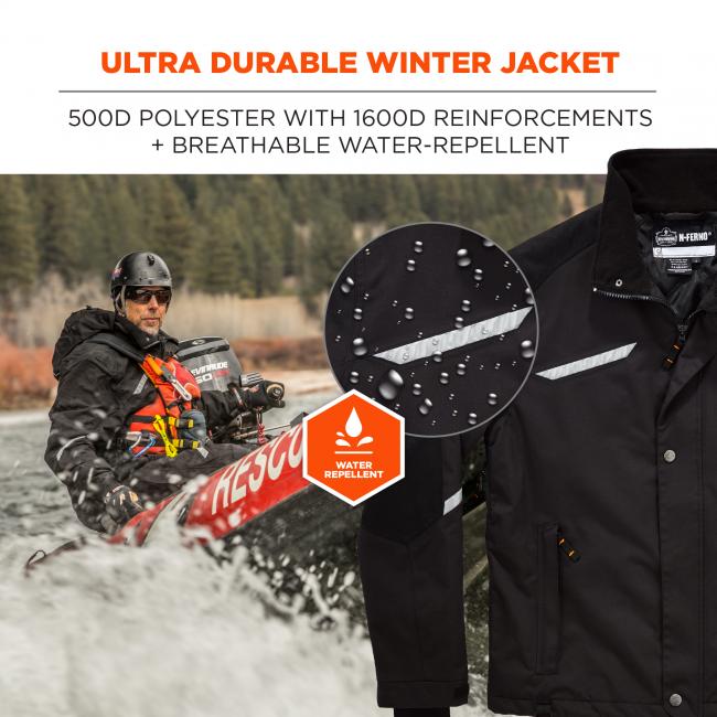 Ultra durable winter jacket. 500D polyester with 1600D reinforcements and breathable water repellent. Water repellent