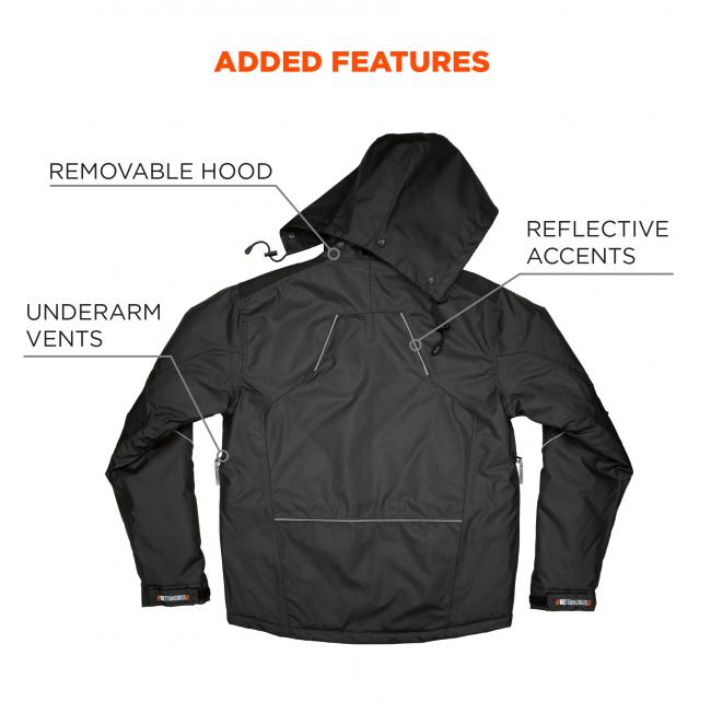 Added features. Removable hood, reflective accents, underarm vents