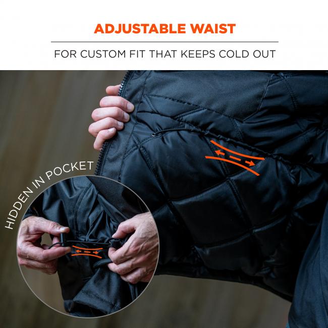 Adjustable waist. For custom fit that keeps cold out. Hidden in pocket