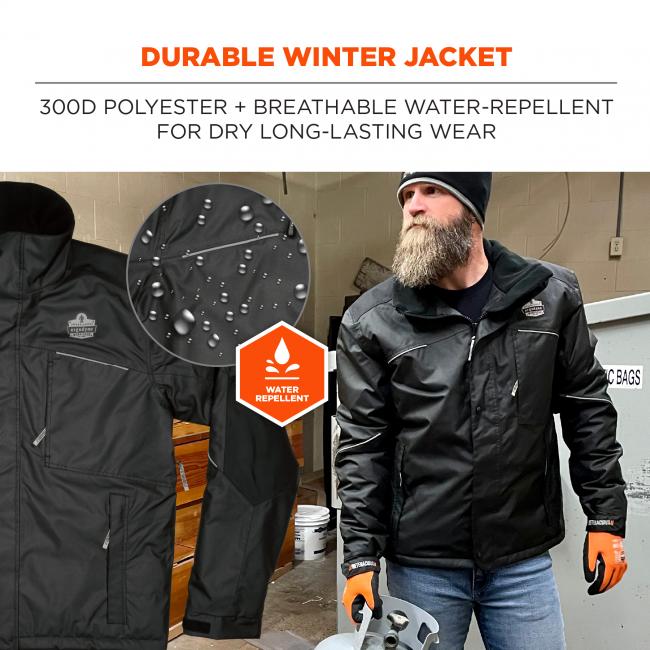 Durable Winter jacket. 300D polyester and breathable water repellent for dry long-lasting wear. Water repellant