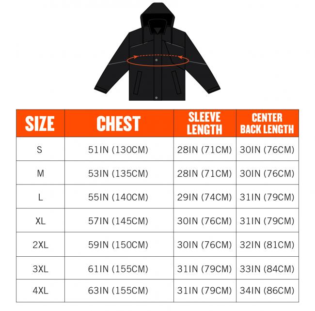 Size chart: Size S Chest 51 inches 130 centimeters sleeve length 28 inches 71 centimeters center back length 30 inches 76 centimeters, Size M chest 53 inches 135 centimeters sleeve length 28 inches 71 centimeters center back length 30 inches 76 centimeters, Size L chest 55 inches 140 centimeters sleeve length 29 inches 74 centimeters center back length 31inches 79 centimeters, Size XL chest 57 inches 145 centimeters sleeve length 30 inches 76 centimeters center back length 31 inches 79 centimeters, Size 2XL