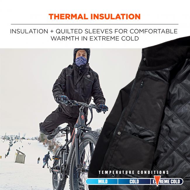 Insulation and quilted sleeves for comfortable warmth in extreme cold.