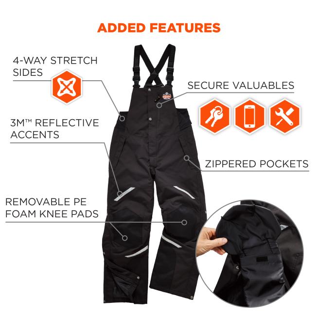 added features. secure valuables, 3m reflective accents, zippered pockets, removable PE foam knee pads