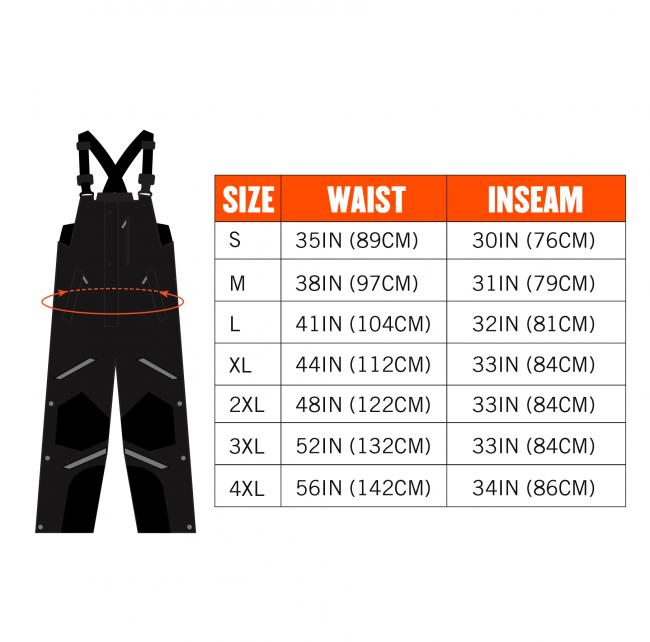 Sizing chart. Size S Waist 35Inches 89Centimeters Inseam 30Inches 76 Centimeters Size M Waist 38Inches 97Centimeters Inseam 31Inches 79Centimeters Size L Waist 41Inches 104Centimeters Inseam 32Inches 81Centimeters Size XL Waist 44Inches 112Centimeters Inseam 33Inches 84Centimeters Size 2XL Waist 48Inches 122Centimeters Inseam 33Inches 84Centimeters Size 3XL Waist 52Inches 132Centimeters Inseam 33Inches 84Centimeters Size 4XL Waist 56Inches 142Centimeters Inseam 34Inches 86Centimeters