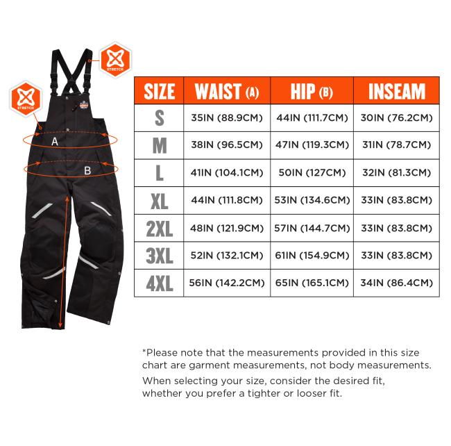 Sizing chart. Small (S): Waist 35IN (88.9CM), Hip 44IN (111.7CM), Inseam 30IN (76.2CM). Medium (M): Waist 38IN (96.5CM), Hip 47IN (119.3CM), Inseam 31IN (78.7CM). Large (L): Waist 41IN (104.1CM), Hip 50IN (127CM), Inseam 32IN (81.3CM). Extra Large (XL): Waist 44IN (111.8CM), Hip 53IN (134.6CM), Inseam 33IN (83.8CM). 2X Large (2XL): Waist 48IN (121.9CM), Hip 57IN (144.7CM), Inseam 33IN (83.8CM). 3X Large (3XL): Waist 52IN (132.1CM), Hip 61IN (154.9CM), Inseam 33IN (83.8CM). 4X Large (4XL): Waist 56IN (142.2C