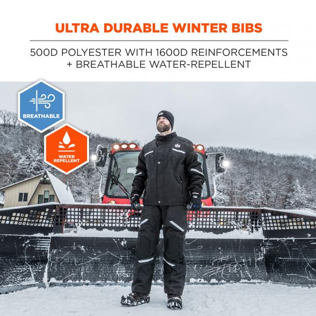 Ultra durable winter bibs. 500D polyester with 1600D reinforcements and breathable water-repellent. Breathable and water repellent