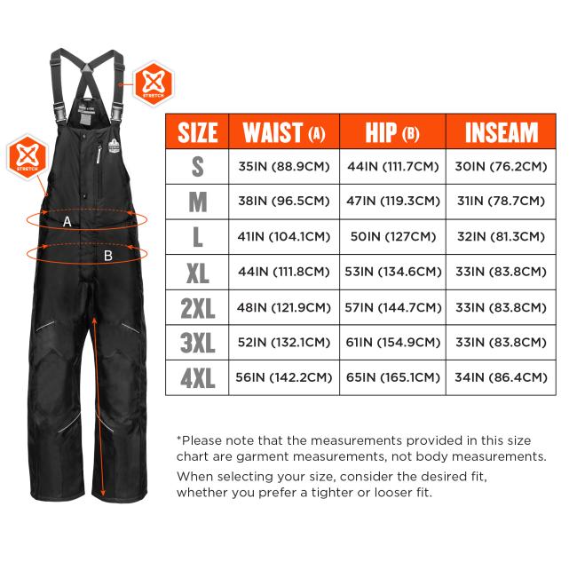 Sizing chart. Size S Waist 35Inches 89Centimeters Inseam 30Inches 76 Centimeters Size M Waist 38Inches 97Centimeters Inseam 31Inches 79Centimeters Size L Waist 41Inches 104Centimeters Inseam 32Inches 81Centimeters Size XL Waist 44Inches 112Centimeters Inseam 33Inches 84Centimeters Size 2XL Waist 48Inches 122Centimeters Inseam 33Inches 84Centimeters Size 3XL Waist 52Inches 132Centimeters Inseam 33Inches 84Centimeters Size 4XL Waist 56Inches 142Centimeters Inseam 34Inches 86Centimeters