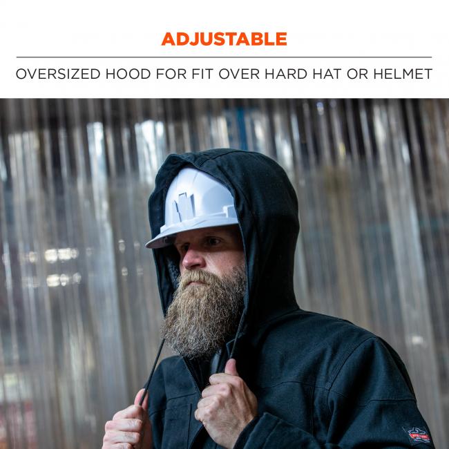 Adjustable. Oversized hood for fit over hard hat or helmet
