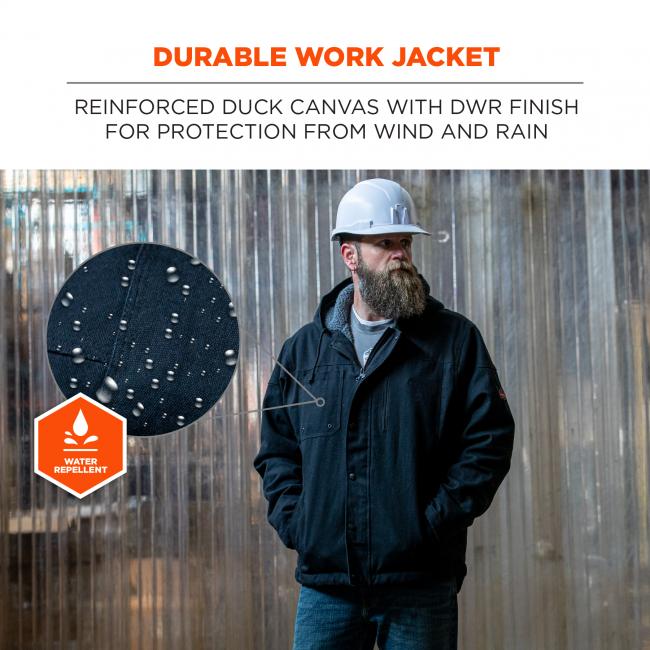 Durable work jacket. Reinforced duck canvas with DWR finish for protection from wind and rain. Water repellent