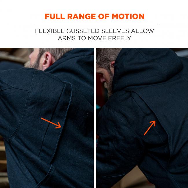 Full range of motion. Flexible gusseted sleeve allow arms to move freely.