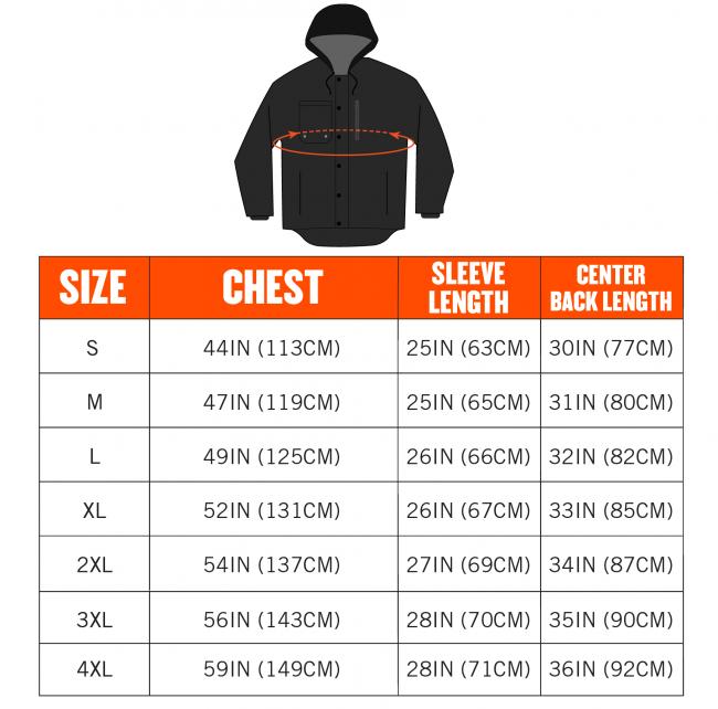 Sizing Chart. Size S, Chest 44Inches 113Centimeters Sleeve Length 25Inches 63Centimeters Center Back Length 30 Inches 77 Centimeters Size M, Chest 47Inches 119Centimeters Sleeve Length 25Inches 65Centimeters Center Back Length 31 inches 80centimeters Size L, Chest 49Inches 125Centimeters Sleeve Length 26Inches 66Centimeters Center Back Length 32 inches 82centimeters Size XL, Chest 52Inches 131Centimeters Sleeve Length 26Inches 67Centimeters Center Back Length 33inches 85centimeters Size 2XL, Chest 54Inches 