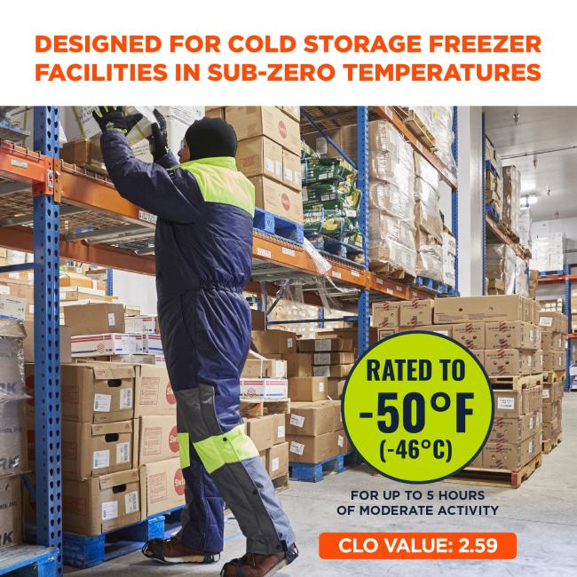 Designed for cold storage freezer facilities in sub-zero temperatures. Rated to -50 degrees fahrenheit or -46 degrees Celsius for up to 5 hours of moderate acitivity. CLO value of 2.59