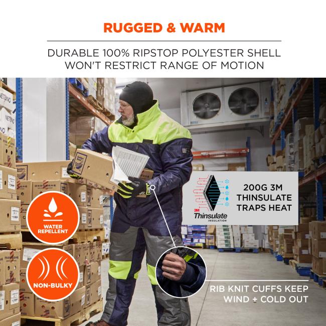 Rugged and warm: durable 100% ripstop polyester shell won't restrict range of motion. 100% polyester fleece lined collar. 200G 3M Thinsulate traps heat. Water repellant, non-bulky