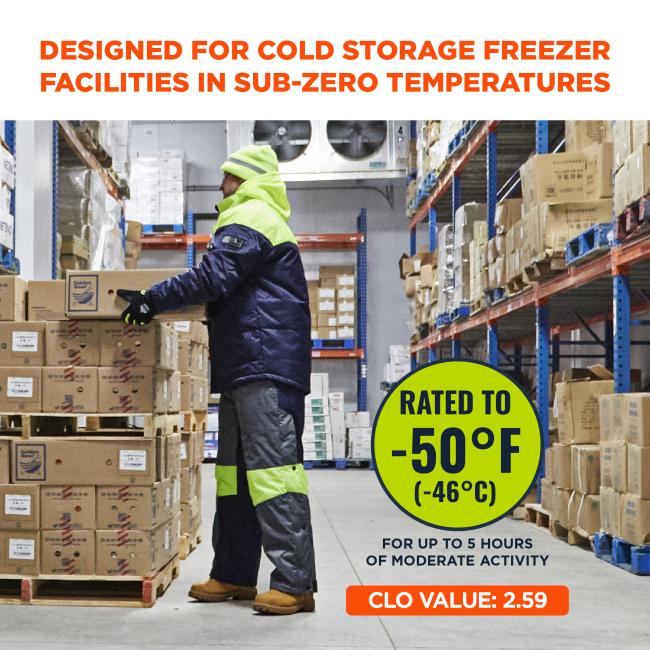 Designed for cold storage freezer facilities in sub-zero temperatures. Rated to -50 degrees fahrenheit or -46 degrees Celsius for up to 5 hours of moderate acitivity. CLO value of 2.59