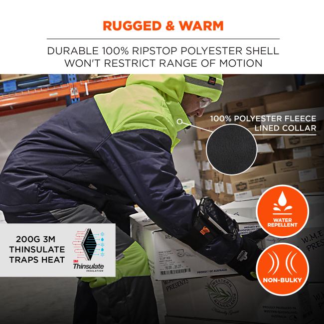 Rugged and warm: durable 100% ripstop polyester shell won't restrict range of motion. 100% polyester fleece lined collar. 200G 3M Thinsulate traps heat. Water repellant, non-bulky
