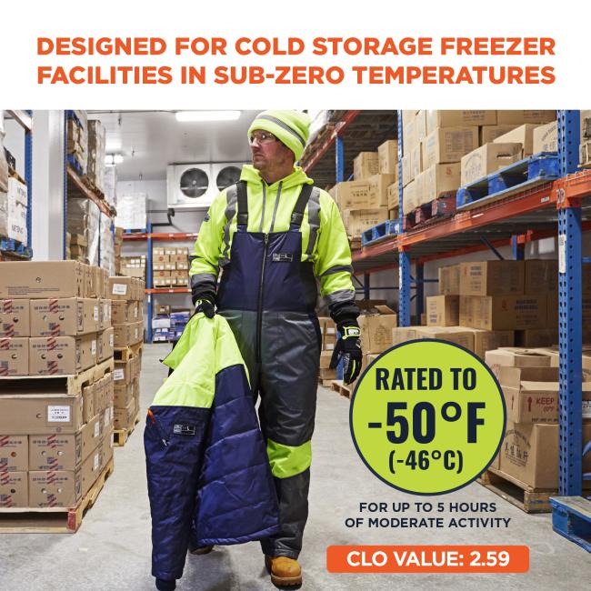 Designed for cold storage freezer facilities in sub-zero temperatures. Rated to -50 degrees fahrenheit or -46 degrees Celsius for up to 5 hours of moderate acitivity. CLO value of 2.59