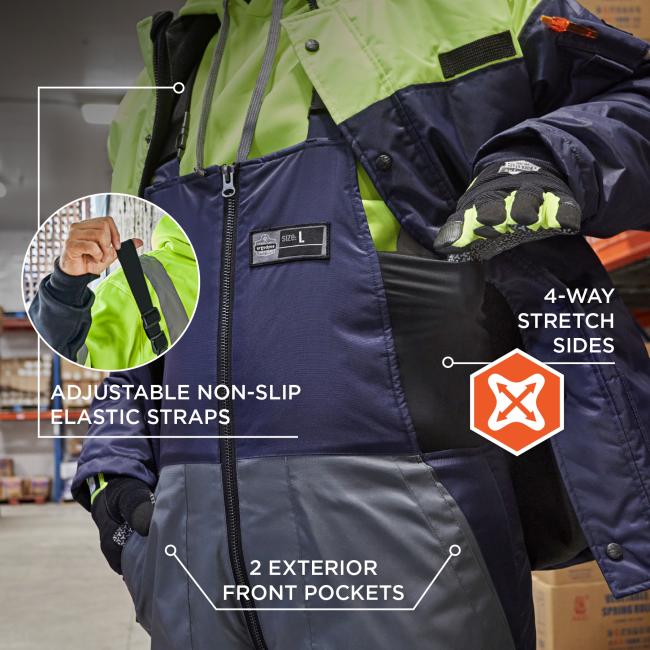 Adjustable non-slip elastic straps, 4-way stretch sides, 2 exterior front pockets.