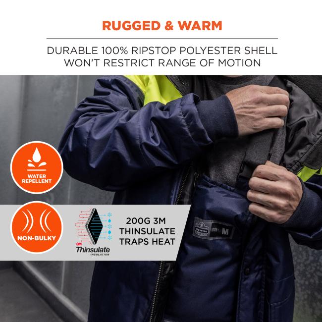 Rugged and warm: durable 100% ripstop polyester shell won't restrict range of motion. 100% polyester fleece lined collar. 200G 3M Thinsulate traps heat. Water repellant, non-bulky