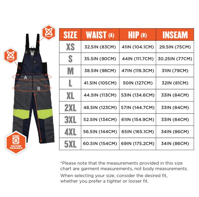 Size chart. Extra Small (XS): Waist 32.5 inches (83 cm), Inseam 29.5 inches (75 cm). Small (S): Waist 35.5 inches (90 cm), Inseam 30.25 inches (77 cm). Medium (M): Waist 38.5 inches (98 cm), Inseam 31 inches (79 cm). Large (L): Waist 41.5 inches (105 cm), Inseam 32 inches (81 cm). Extra Large (XL): Waist 44.5 inches (113 cm), Inseam 33 inches (84 cm). 2X Large (2XL): Waist 48.5 inches (123 cm), Inseam 33 inches (84 cm). 3X Large (3XL): Waist 52.5 inches (134 cm), Inseam 33 inches (84 cm). 4X Large (4XL): Wa