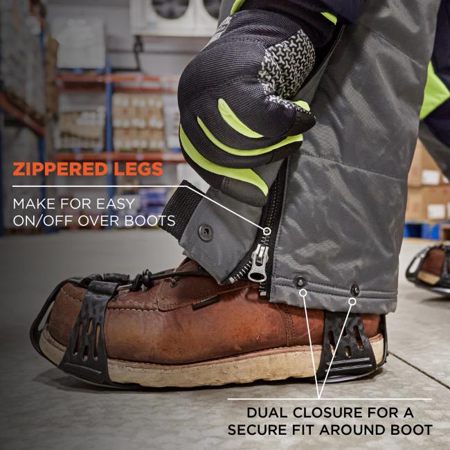 Zippered legs: make for easy on & off over boots. Dual closure for a secure fit around boot