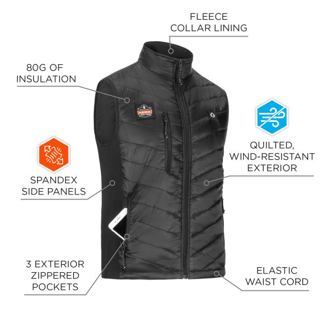 Fleece collar lining, 80g of insulation, quilted, wind-resistant exterior, spandex side walls, 3 exterior zippered pockets, and an elastic waist cord