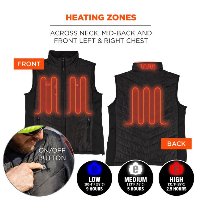 Heating zones across neck, mid-back, front left and front right chest. On/off button is the button on chest labeled with Ergodyne "e" on it. Low setting heats at 100.4 degrees farenheit or 38 degrees celsius for 9 hours. Medium setting heats at 113 degrees farenheit or 45 degrees celsius for 5 hours. High setting heats at 131 degrees farenheit or 55 degrees celsius for 2.5 hours