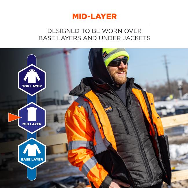 Mid-layer designed to be worn over base layers and under jackets.