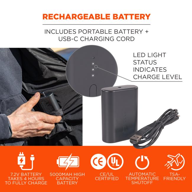 Rechargeable battery. Includes portable battery and usb-c charging cord. LED light status on battery indicates charge level. 7.2 volt battery takes 4 hours to charge. 5000mah high capacity battery. CE/UL certified. Automatic temperature shutoff. TSA-Friendly