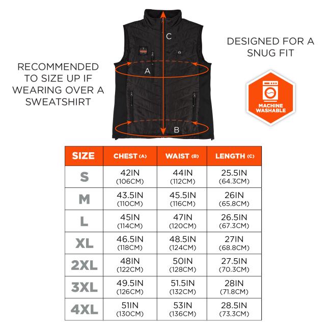 Size chart. Recommended to size up if wearing over a sweatshirt. Designed for a snug fit. Machine washable. Size small: 42 inch or 106 cm chest, 44 inch or 112cm waist, length of 25.5 inch or 64.3cm. Medium: 43.5 inch or 110cm chest, 45.5 or 116cm waist, length of 26 or 65.8cm. Large: 45 inch or 114cm chest, 47 inch or 120cm waist, length of 26.5 inch or 67.3cm. XL: 46.5 inch or 118cm chest, 48.5 inch or 124cm waist, length of 27 inch or 68.8 cm. 2XL: 48 inch or 122cm chest, 50 inch or 128cm waist, length o