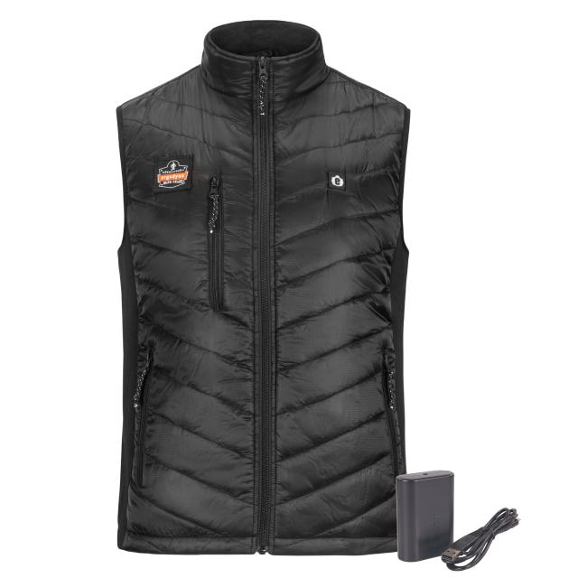 Rechargeable heated vest with battery power bank.